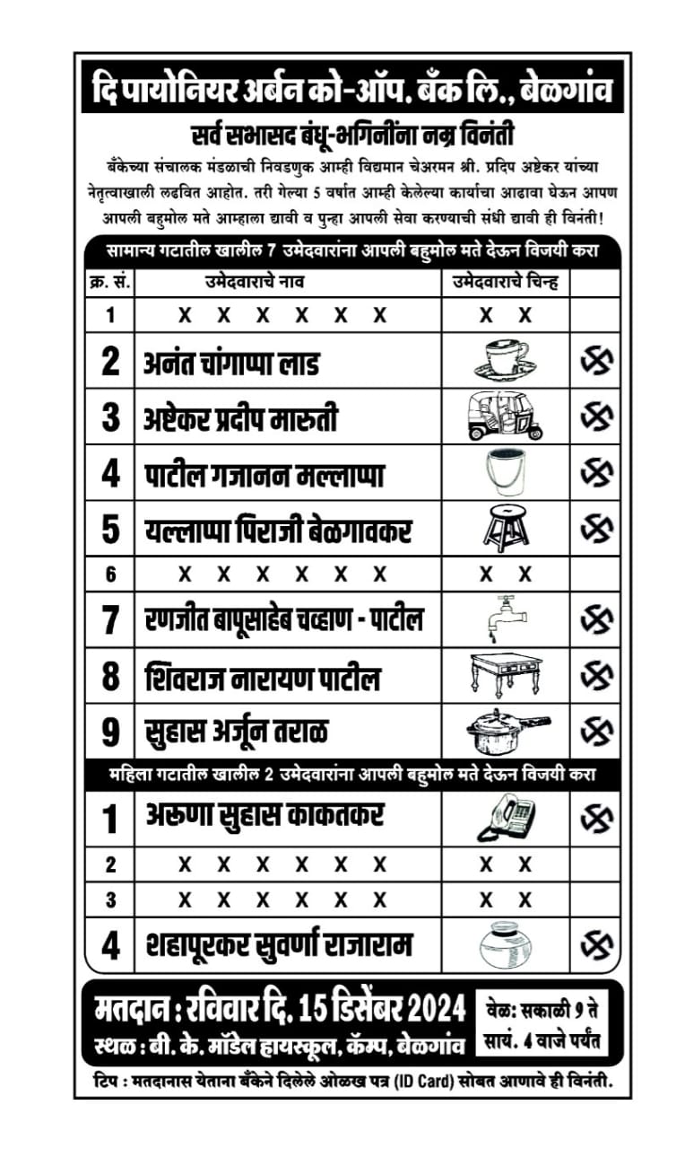 दि पायोनियर अर्बन को-ऑपरेटिव्ह बँक निवडणूक 15 डिसेंबरला : सामान्य गटात सात जागांसाठी नऊ उमेदवार आणि महिला गटात दोन जागांसाठी चार उमेदवार रिंगणात